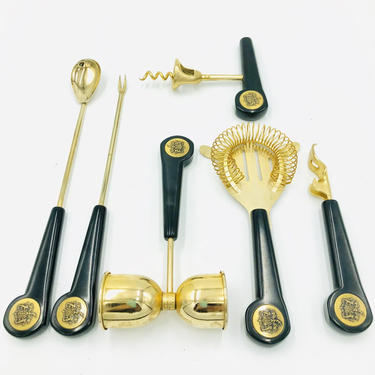 Mid Century Gold Brass Black Bakelite Bar Tool Set, 6 piece, Vintage Barware Utensils. Bartender Cocktail Tools, Barware in Box, Mad Men 