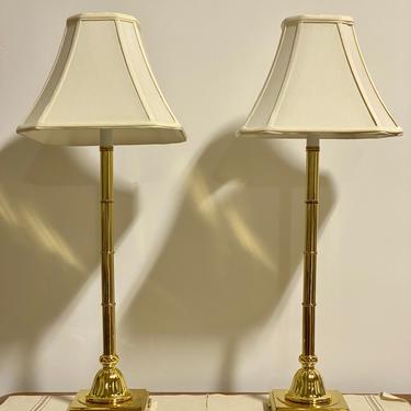 Pair of Brass Faux Bamboo Table Lamps with Shades in Excellent Condition 