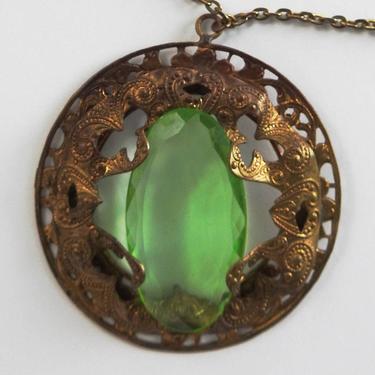 Antique Art Deco Large Open Set Green Glass Pendant on Brass Chain 