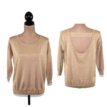 Sparkly Gold Metallic Knit Top, Open Back Blouse, Dressy Sweater, Holiday Clothes, Vintage Clothing Women Small Medium 