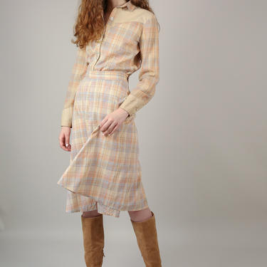 Vtg 50s Pastel Plaid Western Button Down and Skirt Set / Square dance / Cowgirl Matching Set / Small 