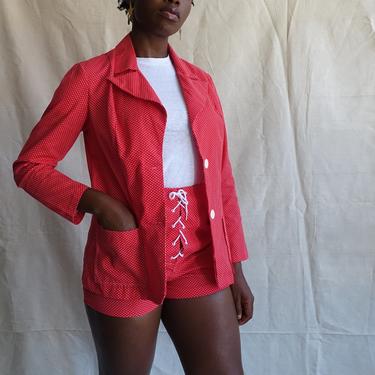 Vintage 70s Red Swiss Dot Short Suit/ 1970s Nautical Jacket and Lace Up Shorts Set/ Size Medium 