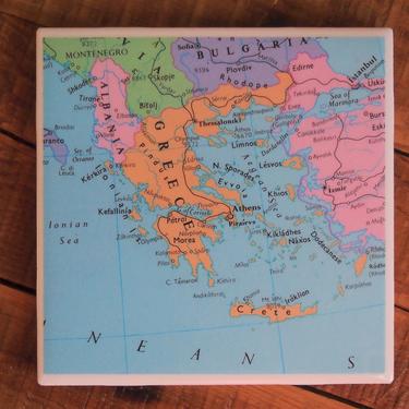 1993 Greece Vintage Map Coaster. Ceramic. Europe Travel Gift. Vintage Crete Map Athens. Greek Decor. Mediterranean Sea. European Decor 1990s 