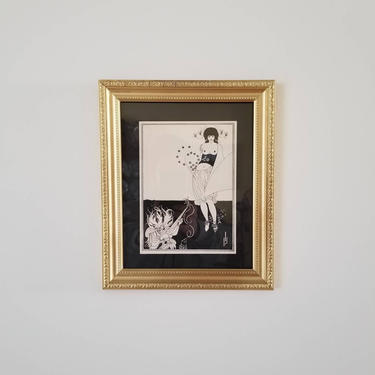 Vintage 60s Framed Postcard / Macabre Ink Drawing Wall Decor / Monochrome Art Nouveau Home Decor / Aubrey Beardsley Stomach Dance Wall Art 