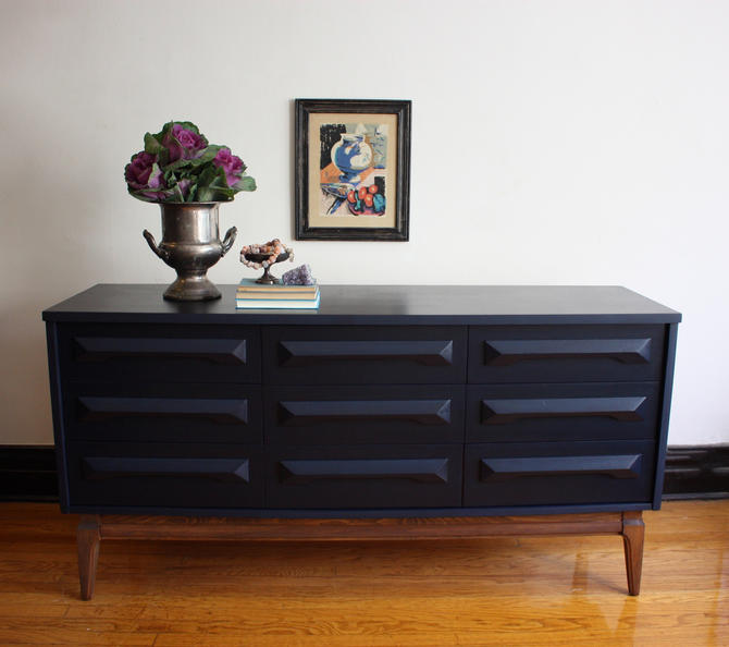 Navy Blue and Wood Mid Century Dresser//MCM Media Console ...