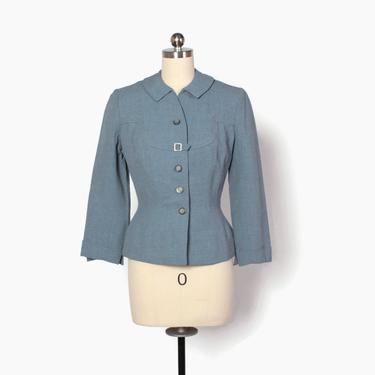 Vintage 50s Slate Blue Blazer / 1950s Rhinestone Buckle Trim Heather Blue Wool Tailored Jacket 