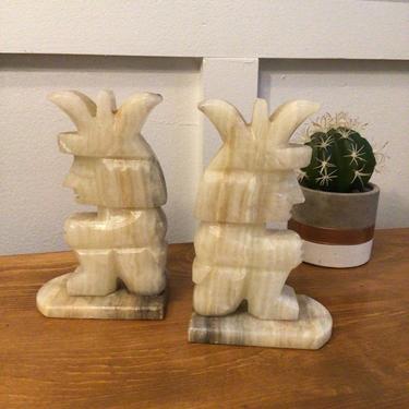 carved Stone Bookends Solid Stone Cream Grey Marble Vintage Mayan home accessories Boho 
