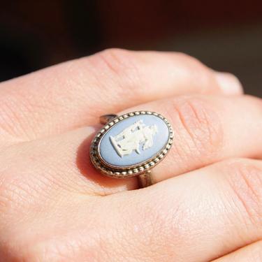 Vintage Wedgwood Sterling Silver Light Blue Cameo Ring, Blue Jasperware Cameo Ring With Diana The Hunter Relief, English Made, Size 7 US 