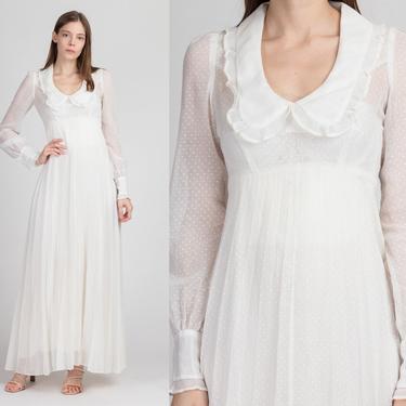 60s 70s White Swiss Dot Prairie Maxi Dress - Extra Small | Vintage Polka Dot Sheer Boho Long Sleeve Hippie Gown 