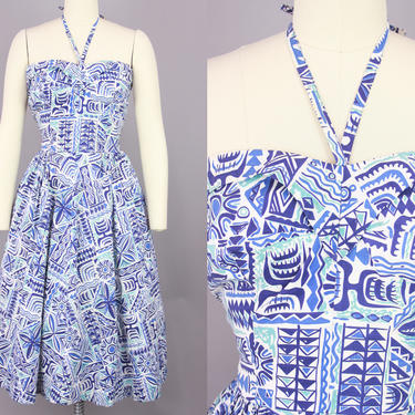1950s Tropical Dress | Vintage 50s Blue Cotton Tiki Print Dress with Halter Neckline | large 