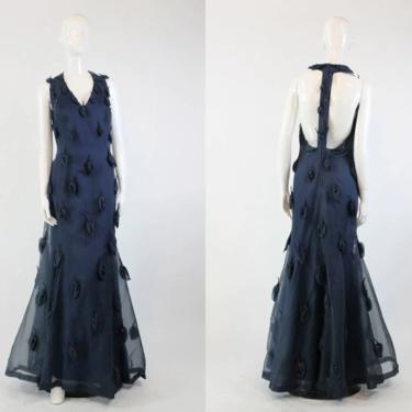 1960s backless silk organza long dress medium | vintage t back gown 