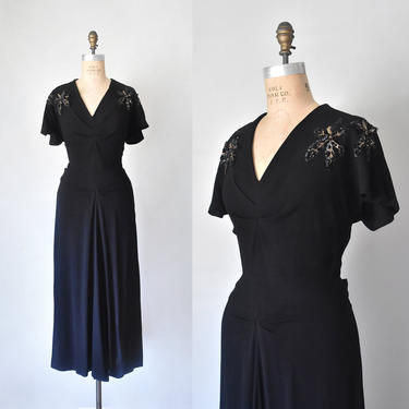 Rosalind crepe sequin evening gown, 1940s dress, 1940s womens clothing, sexy black dress, erstwhile style 