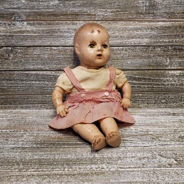Vintage Composition Sleepy Eye Baby Doll, Open Mouth, Cracked Creepy Doll Head, Blinking Eyes, Nursery Little Girls Room Decor, Vintage Toys 