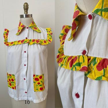 1970s Cherry Ruffles novelty print smock top with bright red buttons, cotton 