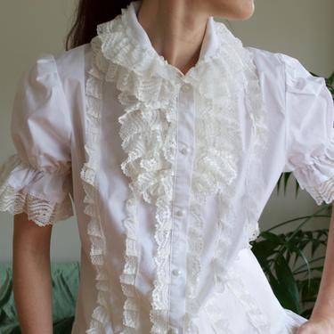 white ruffled lace tuxedo puff sleeve blouse 