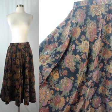 Vintage 70s Black Velvet Rose Print Skirt - Seventies Small Full Campus Casuals Midi Skirt 