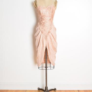 vintage 80s dress pink ruched strapless lace flounce cocktail party prom XS clothing 