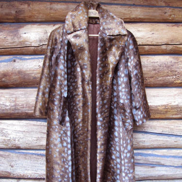 Spotted Fur Coat Sz 10-12-14 Med L Vintage Womens Faux Fur Animal Print Fawn Print Swing Coat Ed Millstein 60's 50's 3/4 sleeve long coat 