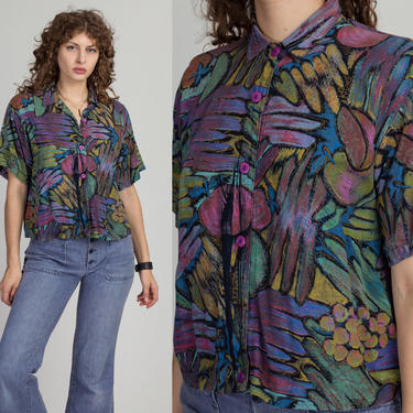 90s Boho Fruit Print Rayon Blouse - Large | Vintage Purple Abstract Button Up Short Sleeve Collared Top 