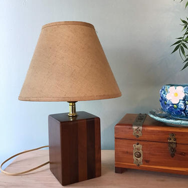 1970s Vintage Walnut Block Lamp, Mid Century Contemporary Lamp 