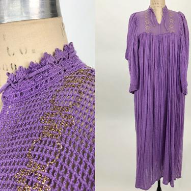 Vintage 1970s Crochet Bib Light Lavender Lurex Gauze Dress, 70s Crochet Bodice, Hippie Chic, Vintage Indian Dress, Size One Size Fits Most by Mo