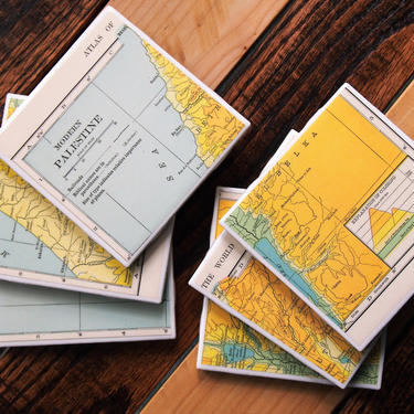 1909 Palestine Handmade Repurposed Vintage Elevation Map Coasters - Set of 6 - Ceramic Tile - Repurposed 1900s Hammond Atlas - Antique 