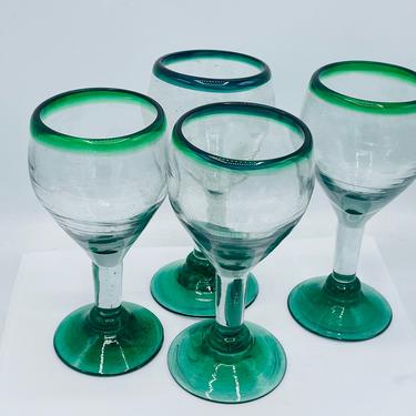 Vintage (4) PC set  of Handmade Blown Mexican Margarita or Wine Glasses  Green Rim Hold 8 ounces Balloon shape 
