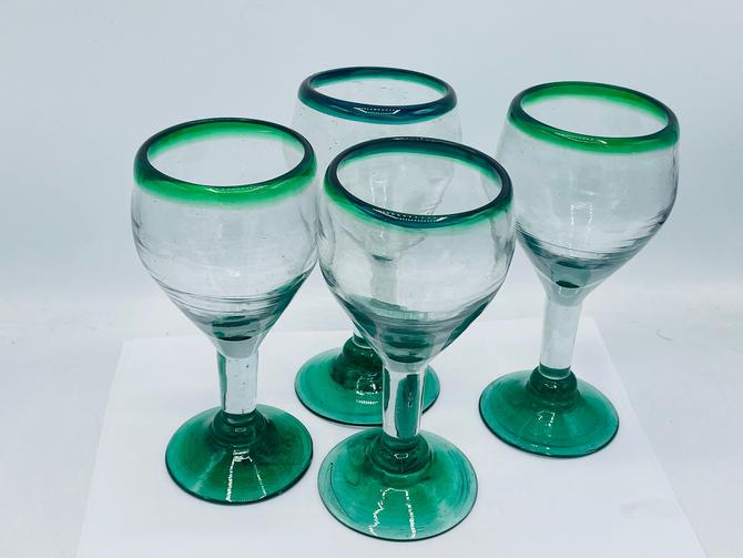 set of 4 Emerald Green Rim wine/margarita glasses Glassware Made In Mexico 