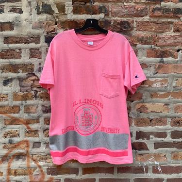 Vintage 80s CHAMPION Eastern Illinois University Pocket T-Shirt Size Large Single Stich Made in the USA Pink tonal 