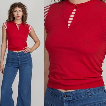 80s Red Striped Cap Sleeve Cropped Top - Extra Small | Vintage Button V Neck Cropped Blouse 
