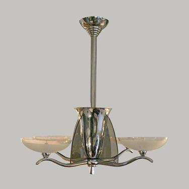 European Art Deco chrome and smoked glass 4 arm chandelier