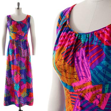 Vintage 1960s Sundress | 60s 70s Hawaiian Neon Geometric Patchwork Printed Cotton Psychedelic Maxi Day Dress (medium) 