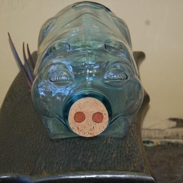 This Little Pig Went To Market, 5 Gallon, EUC Libbey Clear Glass w/ Cork Nose Piggy Bank / Bottle / Jug - 1970's 