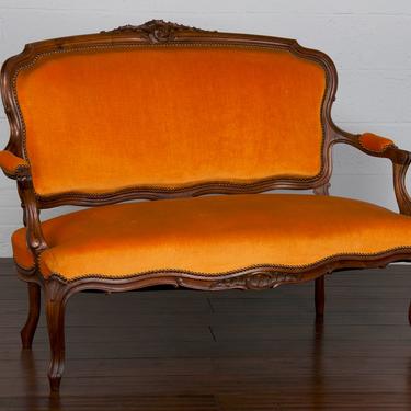Antique Country French Louis XV Provincial Carved Walnut Orange Loveseat Settee 