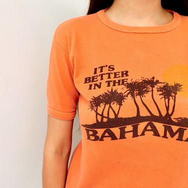 It's Better in the Bahamas Tee // vintage 70s 1970s t-shirt boho hippie t shirt dress cotton blouse top French orange // S/M 