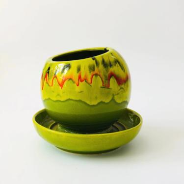 Mid Century Pottery Green Drip Glaze Orb Planter 