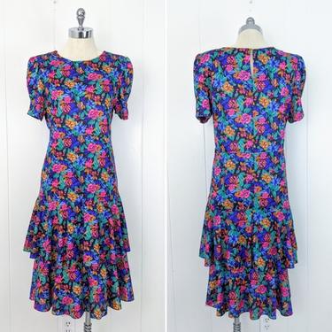 vintage 80's floral ruffle shift dress (Size: M)
