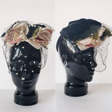 1940s Cocktail Hat Shabby Chic Roses Flowers Black Velvet Bow / 40s Floral Fascinator with White Dotted Veil / Dolly 