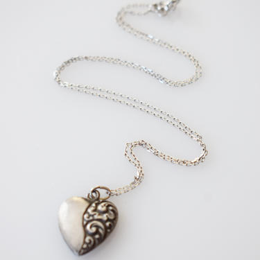 Vintage 1940s Silver Embossed Heart Charm Necklace | Sterling Silver Heart Pendant with Chain 