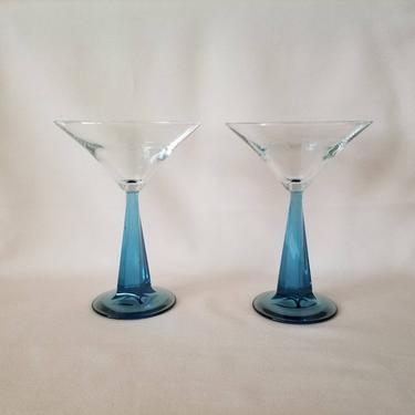 Vintage Blue Stem Martini Glasses / Martini Glass Set of Two / Twisted Blue Column Glasses / Wide Stem Cocktail Glass / Glassware Barware 