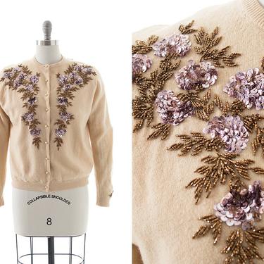 Vintage 1950s Cardigan | 50s Purple Floral Sequin Beaded Cream Knit Wool Angora Button Up Sweater (large/x-large) 