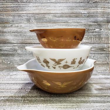 Vintage Pyrex Bowls, Early American Pyrex, Cinderella Milk Glass Bowls, Weathervane Pyrex Brown Gold &amp; White Mixing Bowls, Vintage Kitchen 