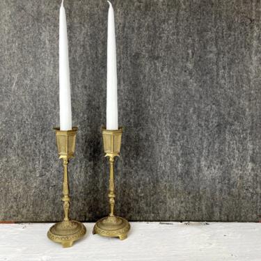 Brass alter candlestick pair - ornate vintage candleholders 