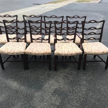 Set of eight mahogany ribbon back dining chairs, carved 