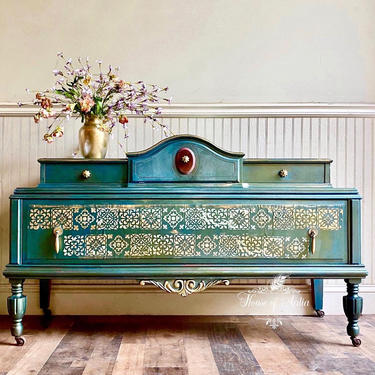 Vintage Metallic Green and Gold Moroccan style console. Vintage Lowboy.  Vintage Dresser. Eclectic Living Room Anthropologie Inspired. 