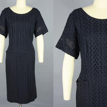 1960s BLACK EYELET Lace Dress | Vintage 60s Cotton Short Sleeved Sheath Dress | xl volup 