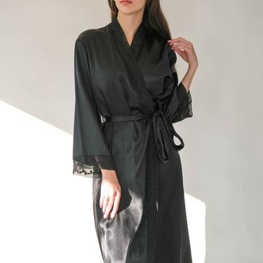 Vintage 90s Halston Black Silky Maxi Belted Robe w/ Floral Embroidered Trim & Pockets | Lingerie, Noir, Negligee | 1990s Designer Duster 