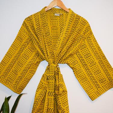 Hand Block Printed Kimono, Cotton Kimono Robe, Lightweight Robe, Dressing Gown, India Bathrobe, Wood Blocked, Geometric Print, Yellow Robe 