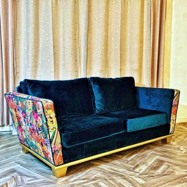 Vintage MCM Wood-Framed Tuxedo Sofa with Custom Upholstery 