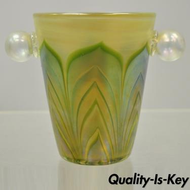 Vintage Art Glass Pulled Feather Green Blue 6.75" Tiffany Style Small Ice Bucket